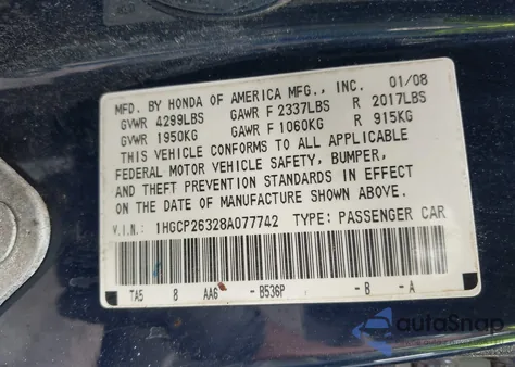 2008 Honda Accord 2.4 Lx из США, поврежденный, VIN 1HGCP26328A077742